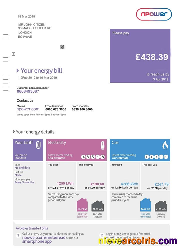 United Kingdom Npower utility bill